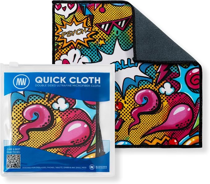 Microfiber Wholesale Quick Cloth Glasses Cleaning Cloths–8x8 Popart 1-Pack | with Case | Double-Sided Lens Cleaner for Eyeglasses, Camera, Screens & Glass | Reusable Microfiber Glass Polishing Cloths
