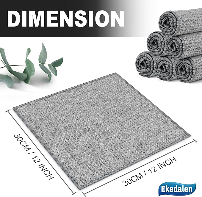 Microfiber Cleaning Cloth Lint Free Glass Polish, Grey | Waffle Weave Kitchen Towels, Quick Dry, Streak Free, Dust Rags for Household, 12 x12 in, 6 Pcak
