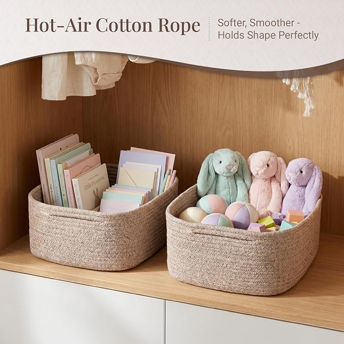 Storage Baskets for Shelves, 4 Pack, 2 Sizes Organizer Bins | Woven Cotton Rope Baskets, 2 Large + 2 Small Shallow Storage Bins for Nursery, Closet, Toys, Bathroom & Changing Table