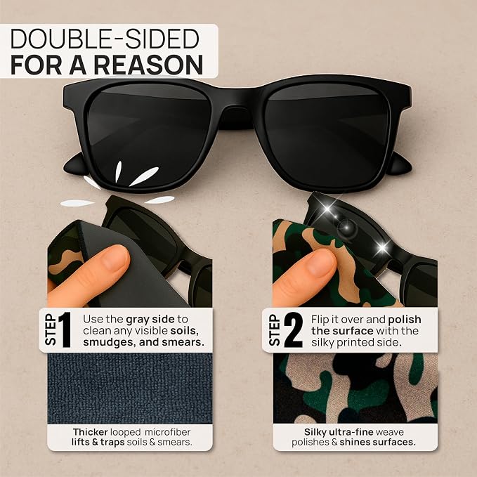 Microfiber Wholesale Quick Cloth Glasses Cleaning Cloths – 5x7 Camo 2-Pack | with Case | Double-Sided Lens Cleaner for Eyeglasses, Camera, Screens & Glass | Reusable Microfiber Glass Polishing Cloths