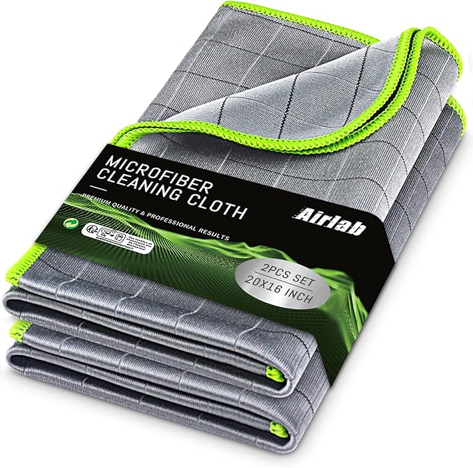 Airlab Microfiber Towels Cars Wash Drying Cleaning Cloth, Grey-Green | Carbon Fiber Detailing Glass Window Polishing Lint Free, Streak Free, 20" x 16", Pack of 2