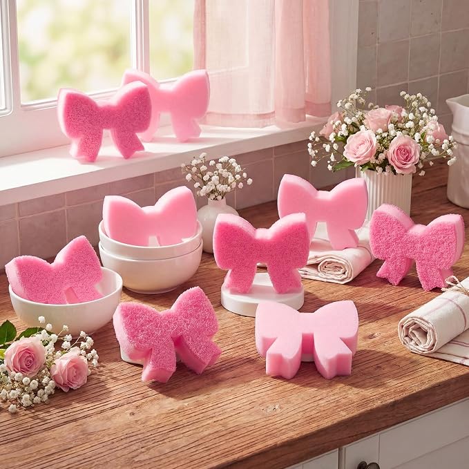 Tioncy 12 Pack Pink Bow Sponges Dual Sided Non Scratch | Reusable for Dishwashing Cookware Pot Pan, Preppy Cute Kitchen Cleaning Accessories, Non Scratch Bulk Household Supplies