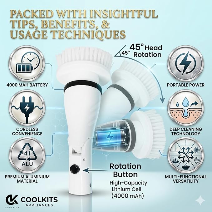 Electric Spin Scrubber, Full-Body IPX7 Waterproof Cordless Bathroom Scrubber, Adjustable Extension Handle, Shower Cleaner Brush for Bathtub Tile Grout Floor Wall, 4000mAh, 6 Brush Heads.