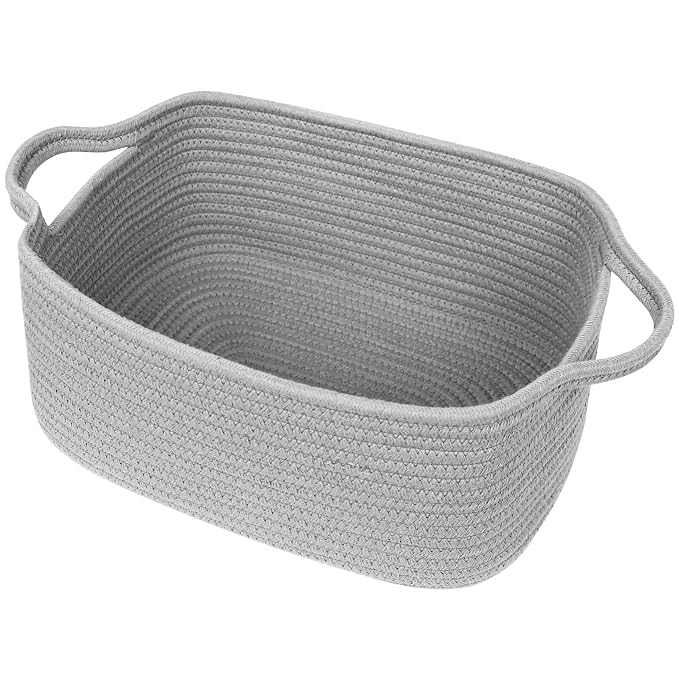 Cute Gray Gift Basket, Woven Baskets for Gifts Empty, Cotton Rope Storage Bin for Organizing, Kids Cat Dog Toy Box, Baby Nursery Organizer, Wicker Easter Basket with Handle, Grey Room Decor