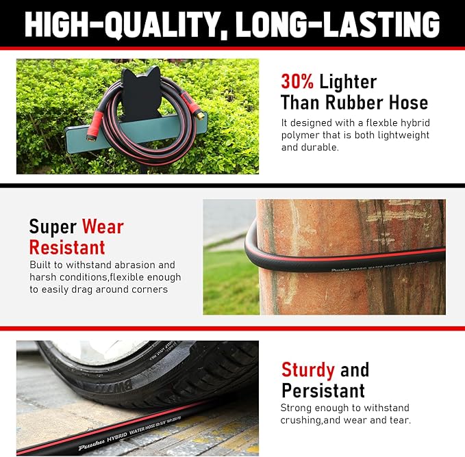 Garden Hose 25ft x 5/8", NON-EXPANDABLE Heavy Duty Hose with Nozzle | 10 Function Spray Nozzle, No Kink, Leakproof, Lightweight Hybrid Hose with Swivel Handle, Male to Female Fittings