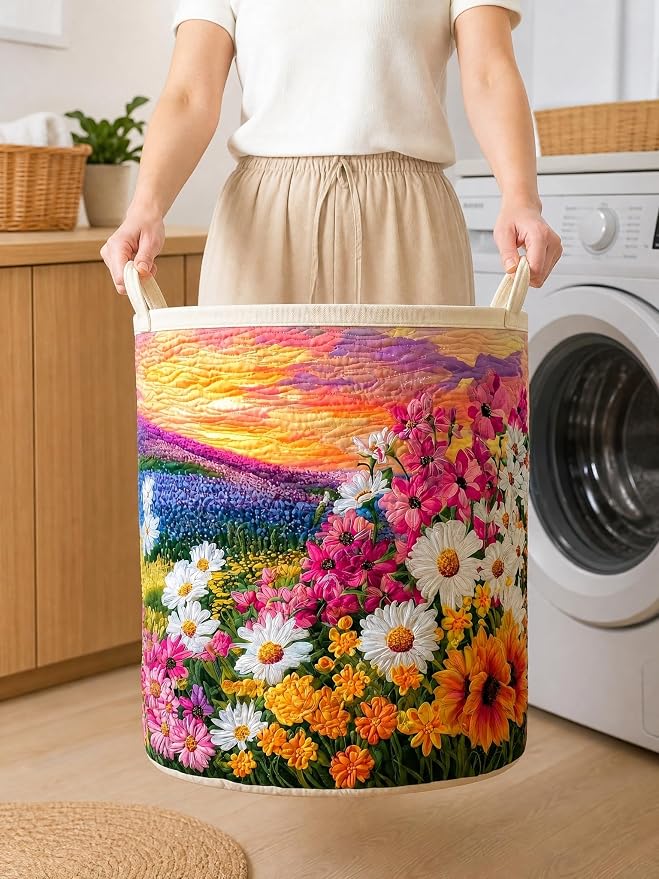 Quilted Laundry Basket with Handles, Boho Floral Quilted Storage Hamper, Large Capacity Laundry Hamper for Nursery Bedroom Laundry Room Home Decor (Pattern 01, Small (18"H x 14"W x 14"L))