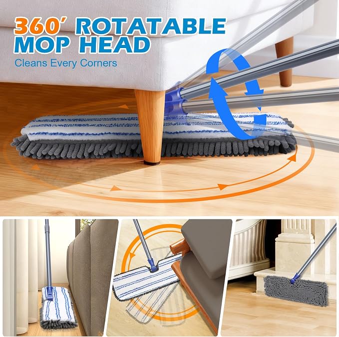 Masthome Flip Microfiber Mop, Wet Dry Dust Mop with Adjustable Handle | 4 Washable Mop Pads,50.4" Long Handle,Hair Scraper,Works on Hardwood,Tile, Laminate Indoor Floors
