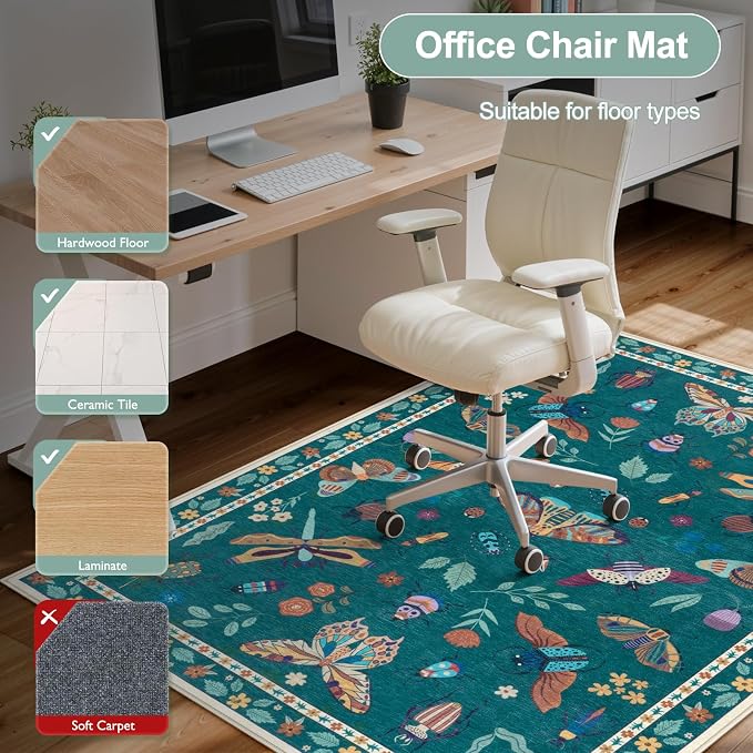 Anidaroel 48"x60" Office Chair Mat for Hardwood Floor/Tile, Anti-Slip Desk Rug for Offices, Insect Print Dark Green Office Rugs for Rolling Chairs, Low Plie Gaming Chair Mat for Hardwood