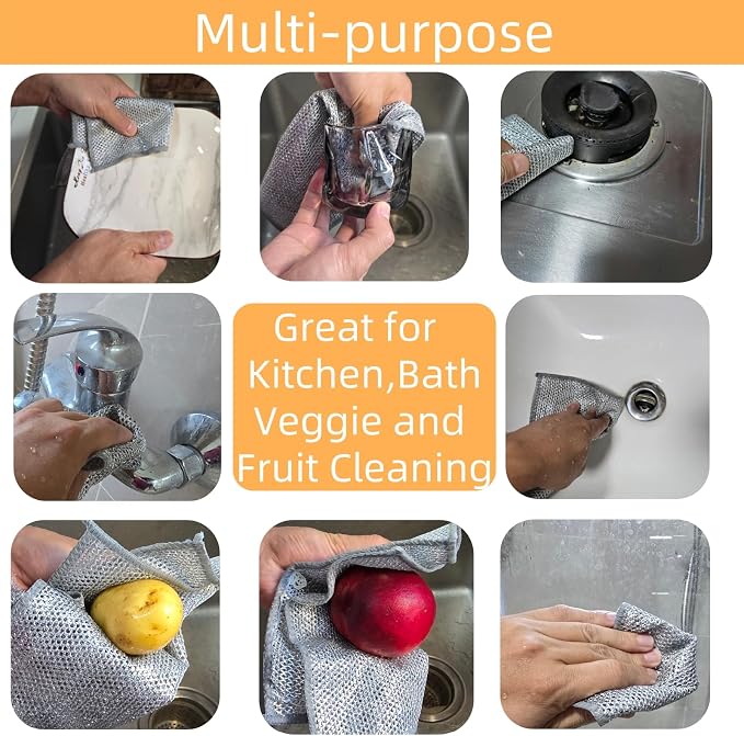 Extra-Large Size 12PCS Multipurpose Wire Dishwashing Rag,Non Scratch Wire Dishcloth, Reusable Steel Wool Scrubber,Non-Scratch&Quick-Drying&Odor-Resistant Multi-Purpose for Kitchen,Bathroom Cleaning