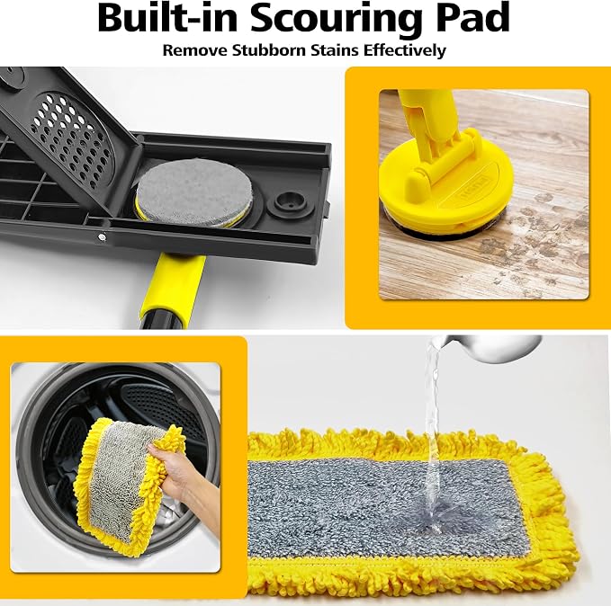 Dust Mop with Microfiber & Chenille Pads, Dry Wet Flat Mop for Cleaning Hard Wood Laminate Tile Vinyl Kitchen Bathroom Home (Yellow)