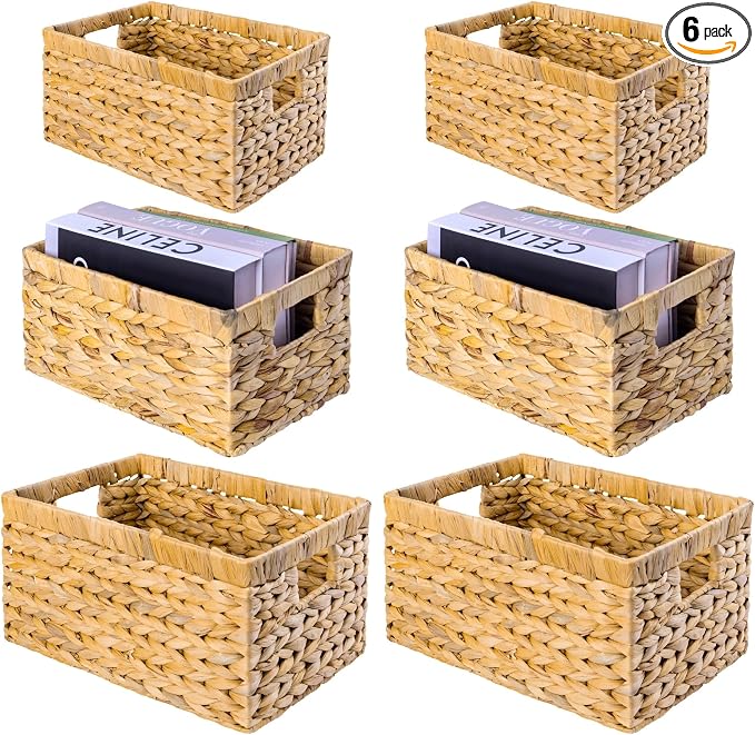 M4DECOR Set of 6 Rectangular Wicker Storage Baskets for Shelves | Water Hyacinth Storage Baskets, Pantry Baskets for Organizing, Handwoven Wicker Baskets for Storage