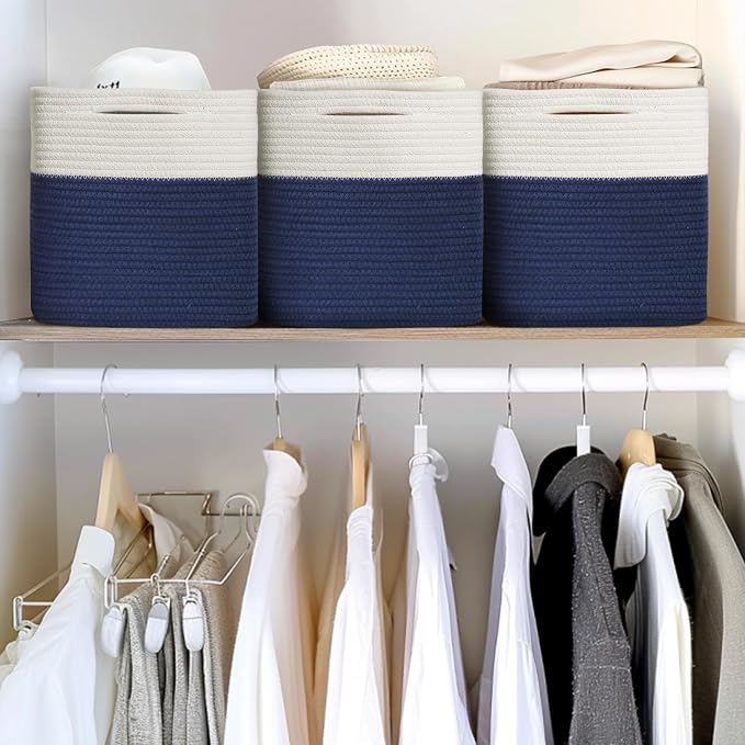 11x11 Cube Storage Bin - 3 Pack Woven Storage Cubes Organizer, 11 Inch Cotton Rope Baskets for Organizing, Decorative Square Shelf Baskets Closet Bins, Toy Boxes for Boy, Dark Blue Decor
