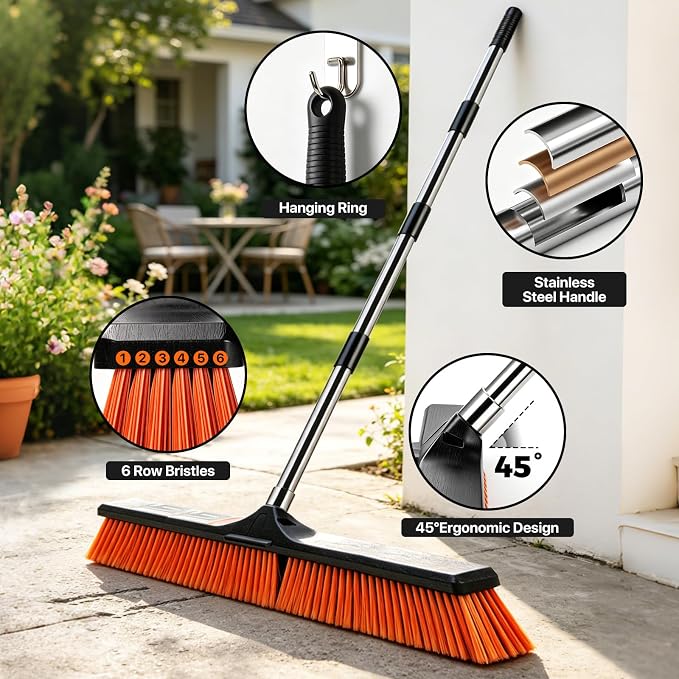 24" Push Broom, Heavy Duty Outdoor Commercial Broom for Cleaning, Orange | Industrial Broom with 55" Long Handle Stiff Bristles, Garden Brush Broom for Driveway Garage Yard Warehouse Floor Cleaning