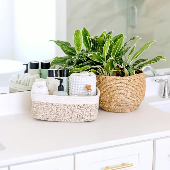 NaturalCozy 11.8"x8"x4.5” Storage Baskets for Shelves 3 Pack | Cotton Rope Woven Small Baskets for Organizing | Small Storage Bins for Nursery, Bathroom, Closet, Cube Shelf, Decorative, Gift Basket