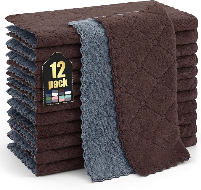 Homaxy 12 Pack Super Soft Dish Cloths, 10" x 10", Dark Grey & Brown | Coral Velvet, Nonstick Oil Fast Drying Microfiber Cleaning Cloth, No Lint Household Dishcloths
