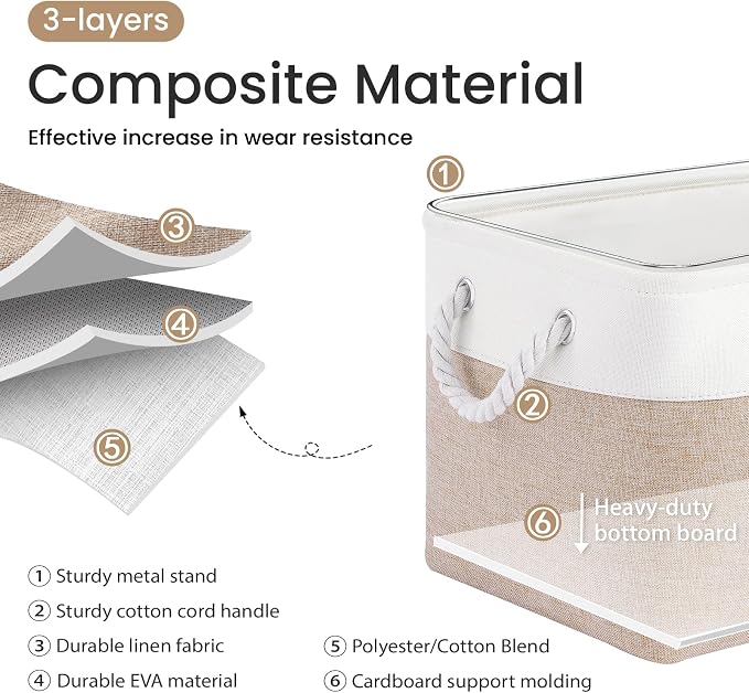 15x11x10 In Foldable Fabric Large Storage Bins with Handle 1 Pack | Organizer Baskets, Sturdy Metal Strand, Cardboard Support Molding, Storage Baskets for Shelves, Closet, Bedroom, White/Khaki