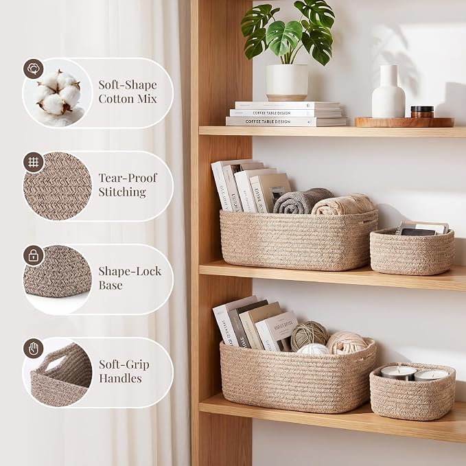 Storage Baskets for Shelves, 4 Pack, 2 Sizes Organizer Bins | Woven Cotton Rope Baskets, 2 Large + 2 Small Shallow Storage Bins for Nursery, Closet, Toys, Bathroom & Changing Table