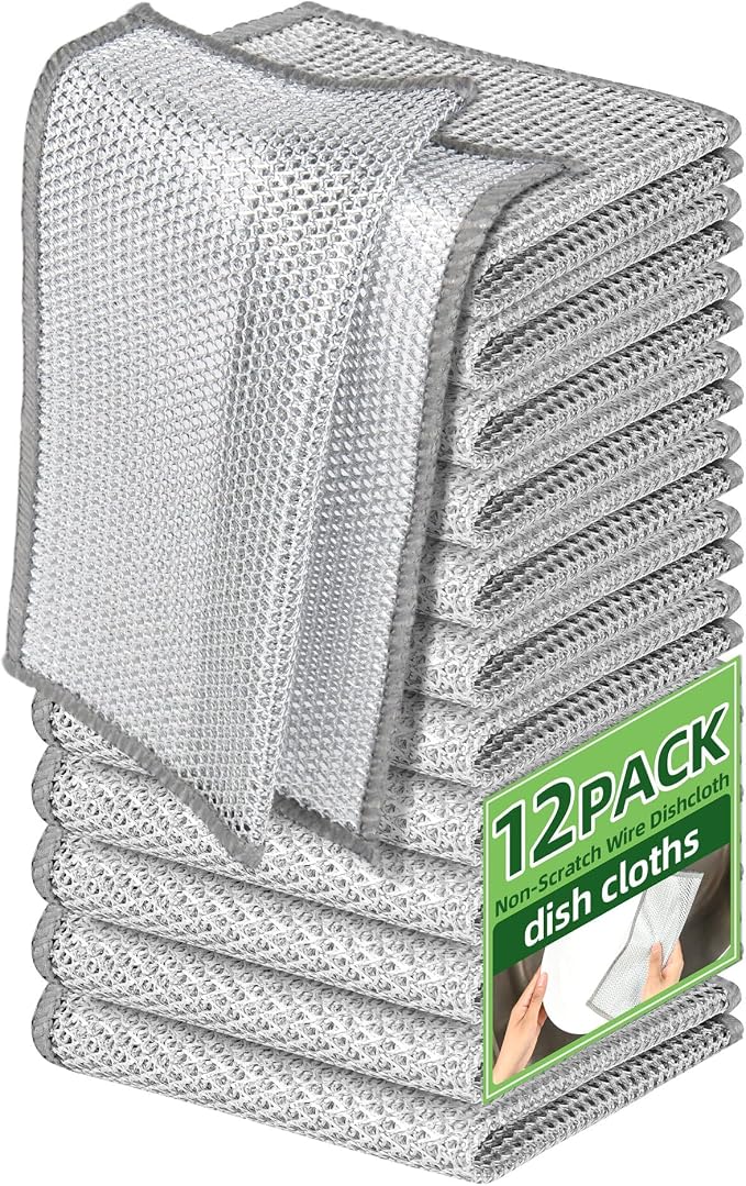 Non Scratch Wire Dishcloth, Wire dishwashing rag | Scrubs & Cleans for Dishes, Sinks, Counters, Stove Tops, Easy Rinsing, Durable (12PCS)