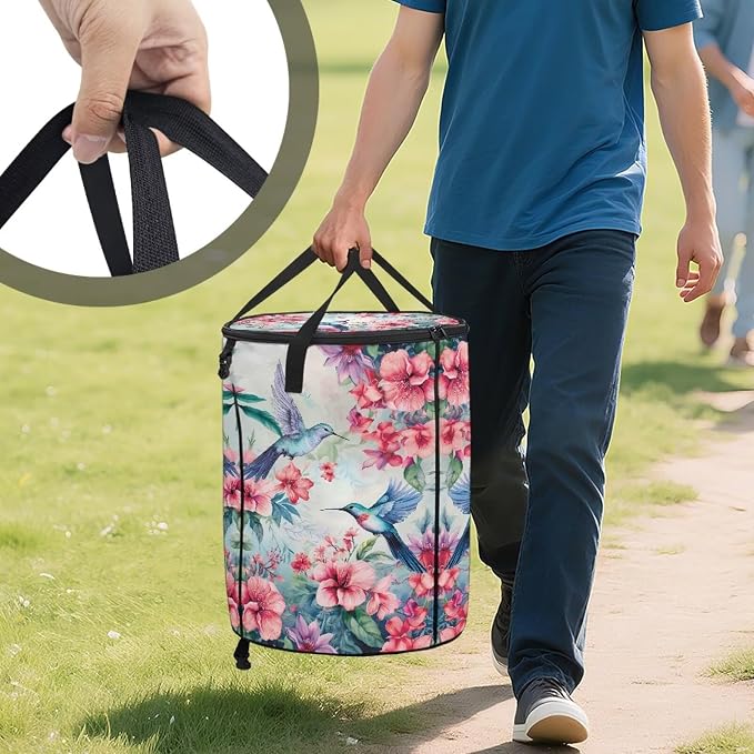 Hibiscus Floral Hummingbird Collapsible Camping Trash Can with Lid and Handles 24 Gallon Garbage Can Reusable Outdoor Trash Garden Leaf Bin Recycling Waster Bags