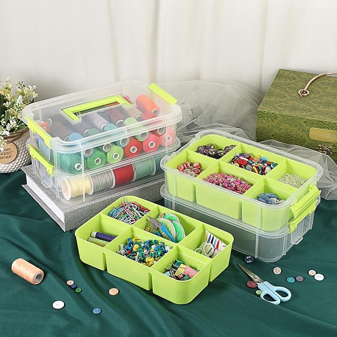 JUXYES 4-Tiers Plastic Stack Carry Storage Containers Box wih Handle Lids | Clear Stackable Latching Storage Bin With 2 Tray for School Office, Organizing Sewing, Art Craft, DIY Supplies, Green