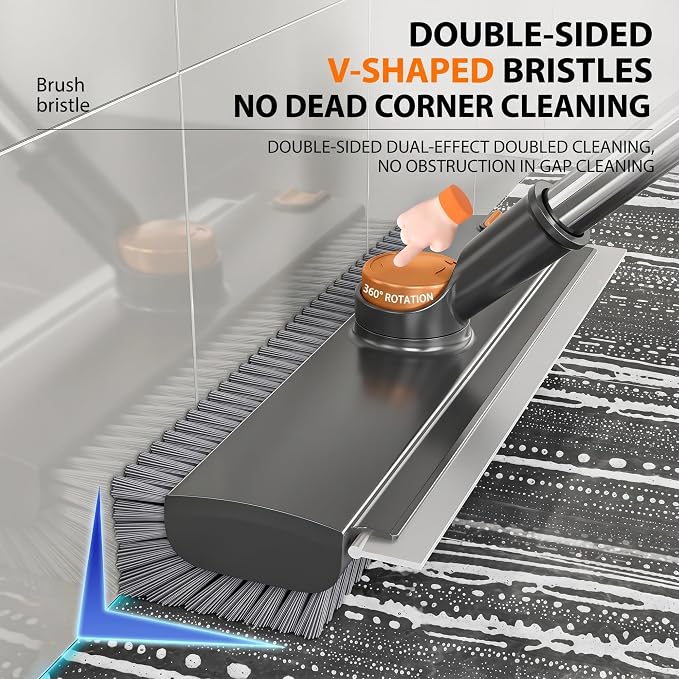 3-in-1 Floor Scrub Brush with Long Handle, Floor Scrubber with Squeegee Tweezers, Adjustable Heavy-Duty Stiff Bristle Cleaning Brush for Tile, Bathroom, Shower, Garage, Patio, Deck(White Grey)