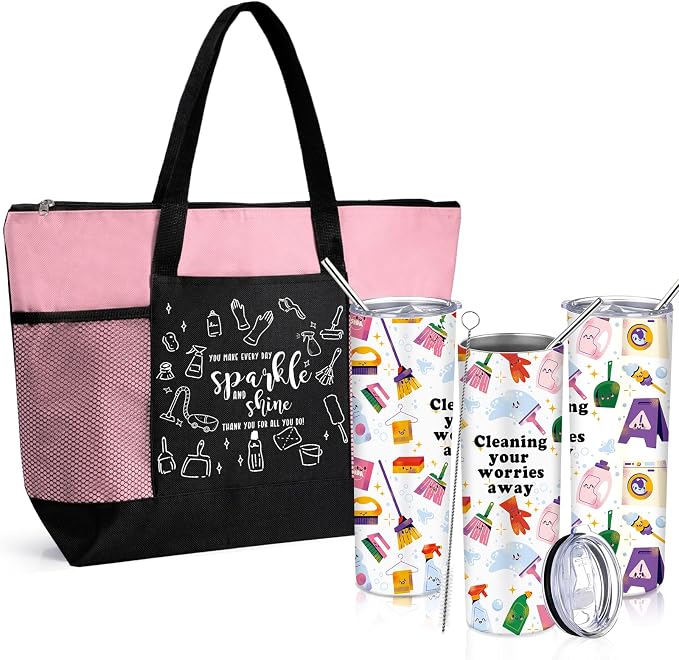 Sieral Housekeeping EVS Week Appreciation Gift, Housekeeper, Pink | Insulated Tumbler 20oz & Large Tote Bag Set for Women Custodian School Healthcare Cleaning Crew House Cleaner Maid Janitor