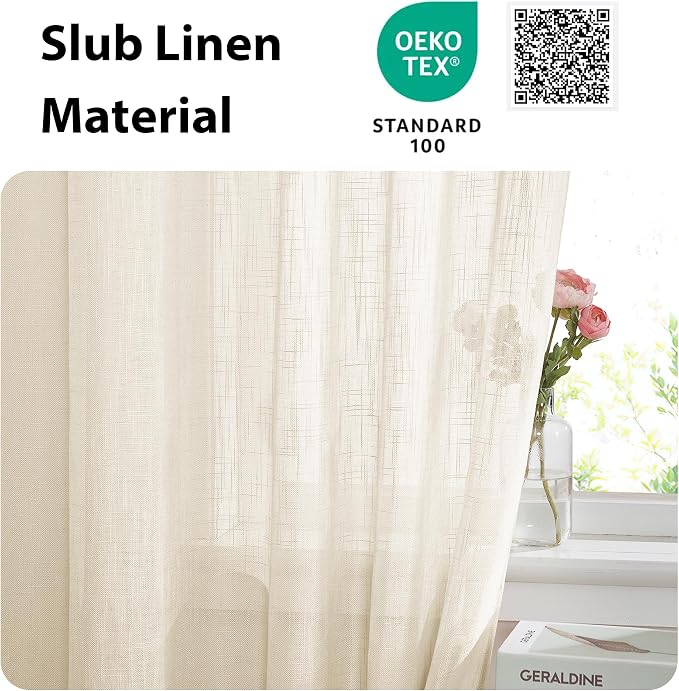 NICETOWN Faux Linen Kitchen Bathroom Door Curtains 40 Inches Length | Farmhouse Dual Rod Pocket Sheer French Door Curtains for Glass with Tieback for Privacy Protection, 1 PC, 36x40, Beige