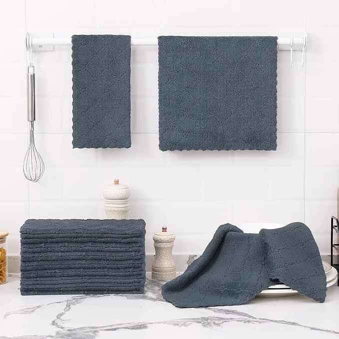 Homaxy 24 Pack Super Soft Absorbent Dish Towels, 10" x 20", Dark Grey | Coral Velvet, Nonstick Oil Fast Drying Microfiber Cleaning Cloth, No Lint Dishtowels for washing