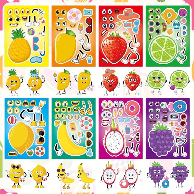 24 Sheets Fruit Make a Face Sticker, Make Your Own Fruit Stickers Mix and Match Sticker for Home School Classroom Crafts Activities Reward Birthday Party Favors