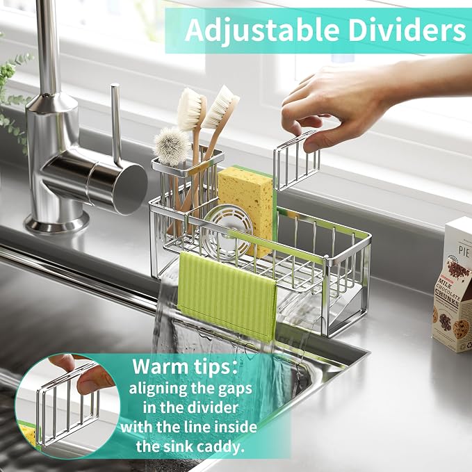 HapiRm Sponge Holder for Kitchen Sink - Self-draining Rustproof Organizer | Sloping Self-draining, Detachable Brush Holder, Stores Sponges, Brushes & Dishcloth, For Countertop Storage, Silver