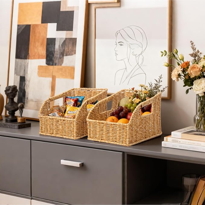 Brownlily Faux Wicker Pantry Storage Baskets, Natural-Double Set (6-Piece) | Handwoven Baskets for Organizing with Built-in Handles, All-Purpose Storage Baskets with Chalkboard for Shelves,Laundry Room