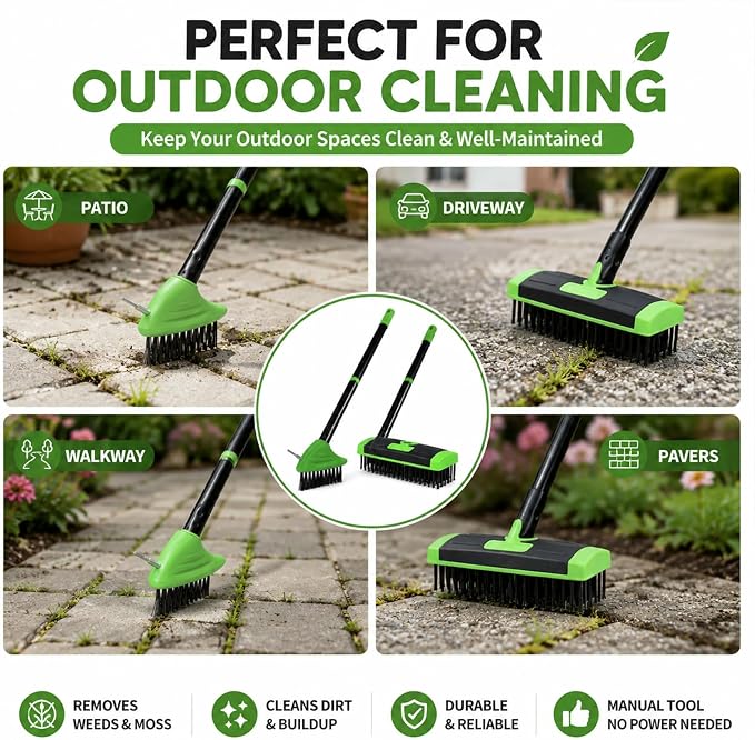 3-in-1 Weed Brush Combo Set with Long Handle, Deck Scrub Brush for Patio, Driveway & Walkway, Crack Cleaning Brush with Wire Bristles and Hook Tool for Pavers, Stone Joints Outdoor (Orange)