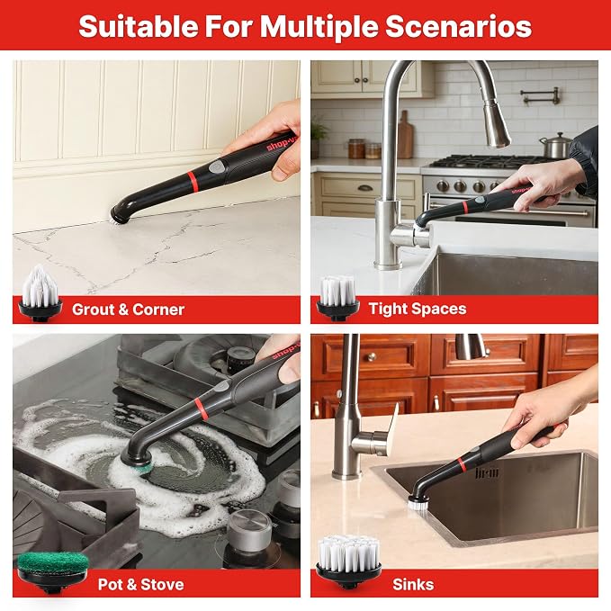 Shop-Vac Electric Spin Scrubber with 2000RPM Motor, Cordless, 90Min Runtime | 5 Replaceable Heads, IPX6 Waterproof, Cordless Electric Scrubber for Cleaning Grout, Tile, Bathroom, Kitchen
