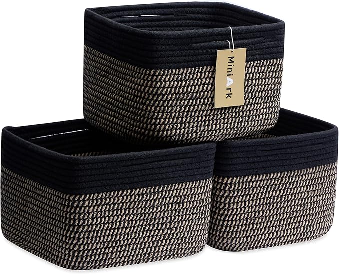 MiniArk Small Organizing Baskets for Cubes Shelf, 9.7x9.7x7.1 Inch Rope Woven Storage Bins for Nursery Shelves Storage, Cute Toy Basket, Square 3 Packs Black Brown