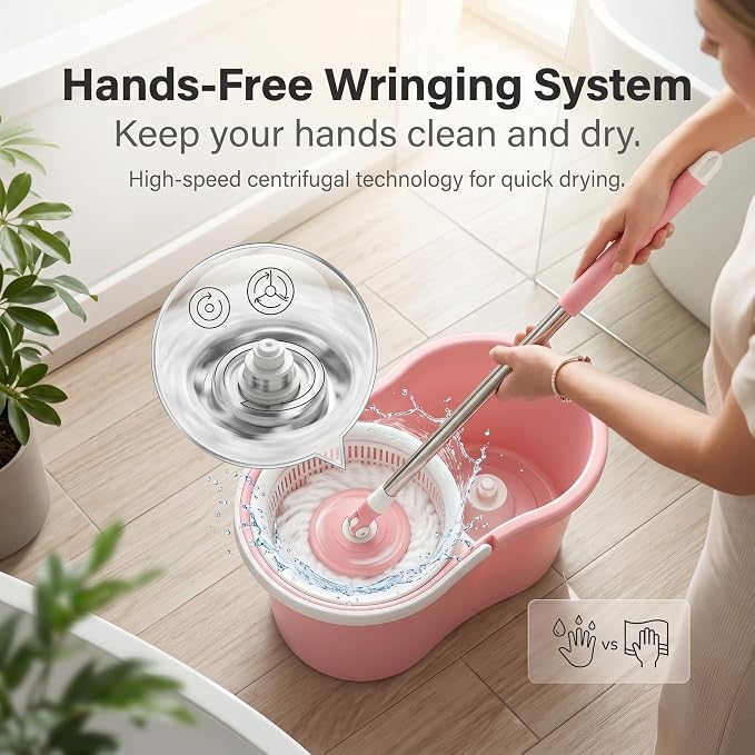 Pink Spin Mop and Bucket with Wringer Set 360 Rotating Mop 3 Mop Refills
