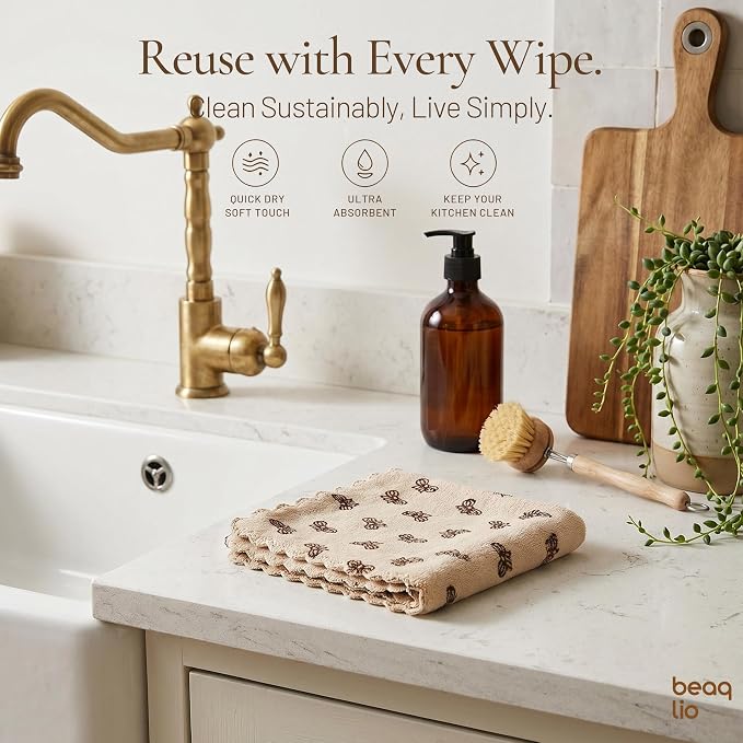 Microfiber Cleaning Cloth, 8pcs Dish Kitchen Towels 12 * 12'' | Quick Drying Ultra Soft Absorbent Towels for Cars, Wash Cloths, Lint Free Rags for House, Kitchen,Window, Taupe Floral