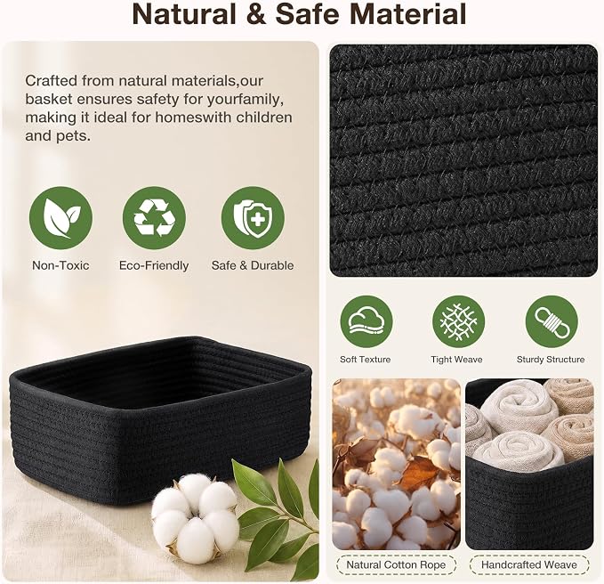 3 Pack Small Baskets for Organizing, Woven Storage Baskets for Shelves | 11.8x7.8x3.8 in Cotton Rope Baskets, Toy Baskets Storage Kids, Basket Organizer, for Living Room, Bedroom, Nursery, Black