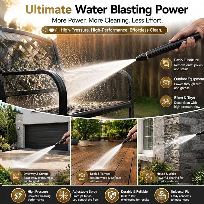 High Pressure Hose Nozzle, Quick Connect Fits US Garden Hoses | Heavy-Duty Metal Direct Spray Hose Gun with 3/4" GHT Quick Connect. for Car Washing, Patio Cleaning, and Plant Watering