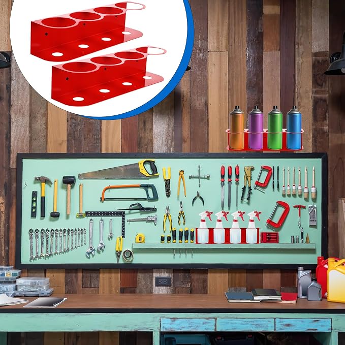 Therwen 2 Pcs All Purpose Steel Spray Bottle Holder Heavy Duty Can Holder Rack Organizer Easy Install Wall Mount Paint Spray Bottle Organizer Storage Rack for Garage Home Workspace(Red,4 Holes)