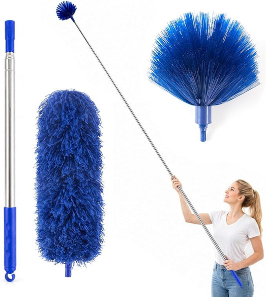 Cobweb Duster with Extension Pole, Spider Web Brush, 100" Microfiber Feather Duster, Washable Cleaning Kit for Ceiling Fan, Furniture, Home, Blue