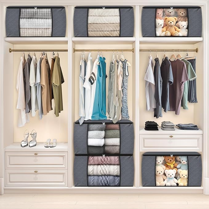 Fab totes 6 Pack Storage Bags for Clothes Blanket Storage Bins with Lids | Foldable Closet Organizers with Zippers,Window and Handles,Fabric Storage Bins for Sweater,Comforter,Bedding,Dorm essentials