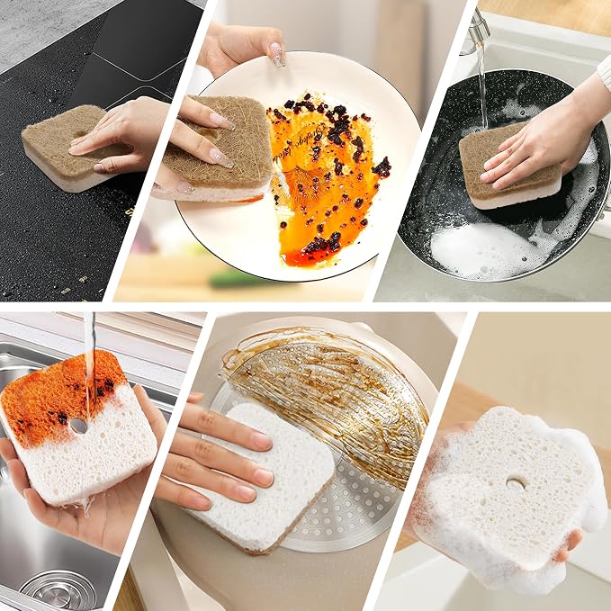 12Pack Kickleen Natural Kitchen Scrub Dish Sponges with Suction Hanger | Biodegradable Compostable Cellulose and Coconut Non-Scratch Sponge for Kitchen, Bathroom, Household