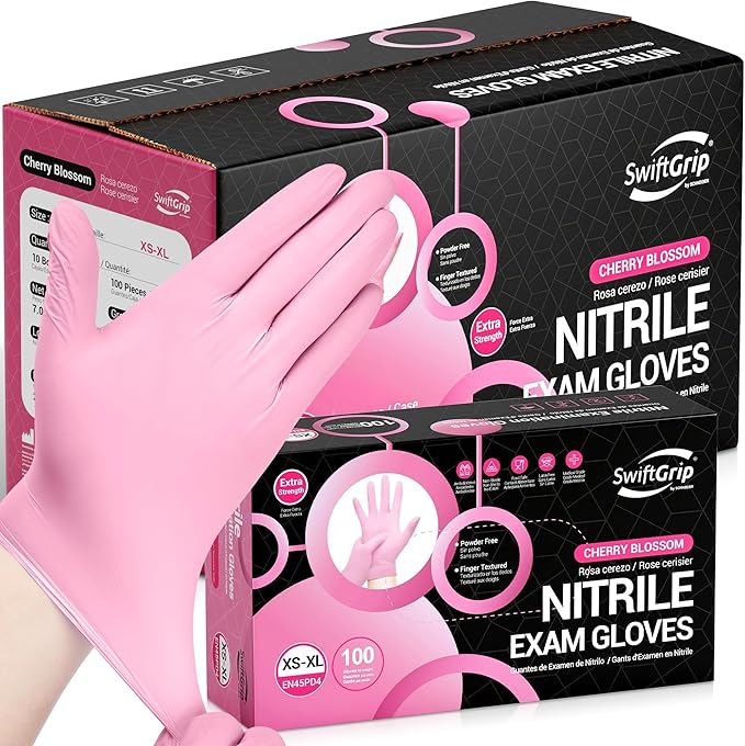 SwiftGrip Nitrile Exam Gloves, 4 Mil, Cherry Blossom, Food Safe Gloves Disposable Latex Free, Powder Free