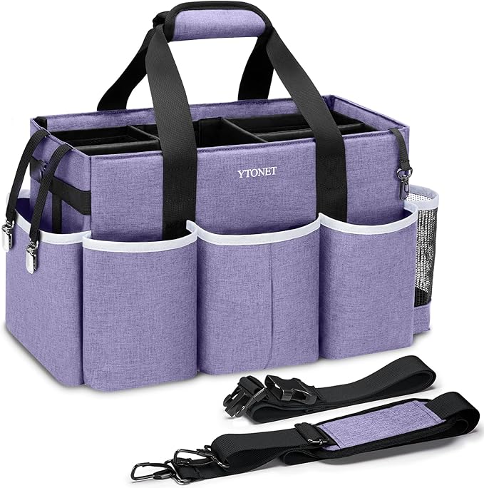 Ytonet Cleaning Caddy, Wearable Cleaning Supplies Organizer with 4 Dividers | Large Cleaning Bag for Cleaning Supplies with Handle and Shoulder Straps, Versatile Cleaning Tote for Housekeepers, Purple
