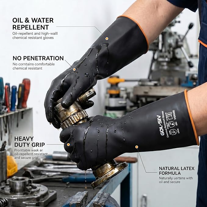 Chemical Resistant Gloves, Heavy Duty Latex Work Gloves - Waterproof, Resist Acid, Oil, Alkali - Industrial Rubber Dishwashing Gloves for Masonry & Car Detailing, 14in, 6 Pairs