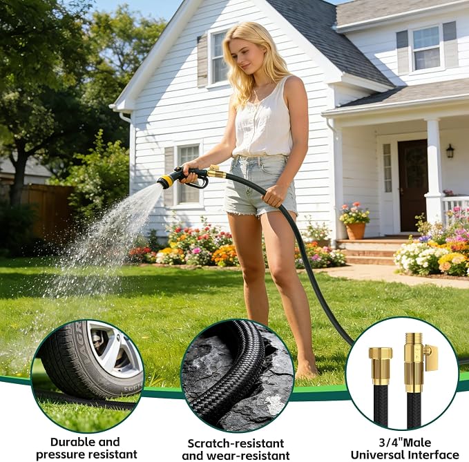 25ft Garden Hose – Lightweight & Flexible Water Hose, Leak-Proof Fabric & Non-Expandable with Shut-Off Valve for Yard, Outdoor Watering, Car Wash & RV