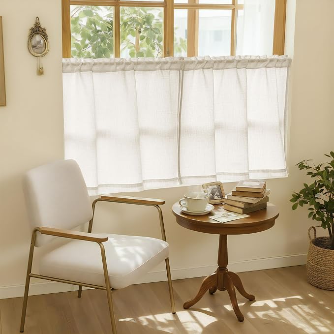 Natural Linen Cafe Short Curtains 30 Inch Length 2 Panels Semi Sheer | 2 Panels, Light Filtering Privacy, Small Curtain, for Kitchen Bathroom Basement, Rod Pocket, Boho, Cream Drapes, W34xL30