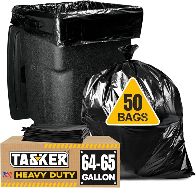 Tasker 65 Gallon Trash Bags Heavy Duty | 50 Count with Ties | Extra Large 64 Gallon Trash Bags for Toter | Garbage Bag 65 Gallon Trash Can Liners