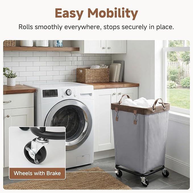 StorageWorks 160L Laundry Basket with Wheels, Rolling Hampers for Clothing | Light Grey Laundry Basket with Wheels, Metal Frame & Handles, Rolling Hamper for Bedroom, Bathroom, Dorm, Hotel