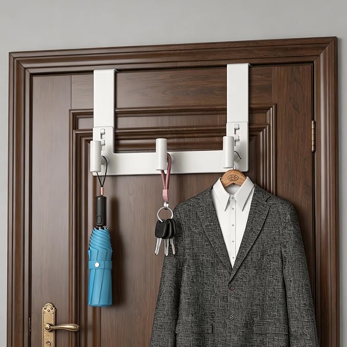 PMMASTO Door Hanger for 1-3/4 Inch Doors, White- 3 Hooks, T Shape | Stainless Steel Door Hooks Organize Coats Towels Robes in Bathrooms Bedrooms Closets